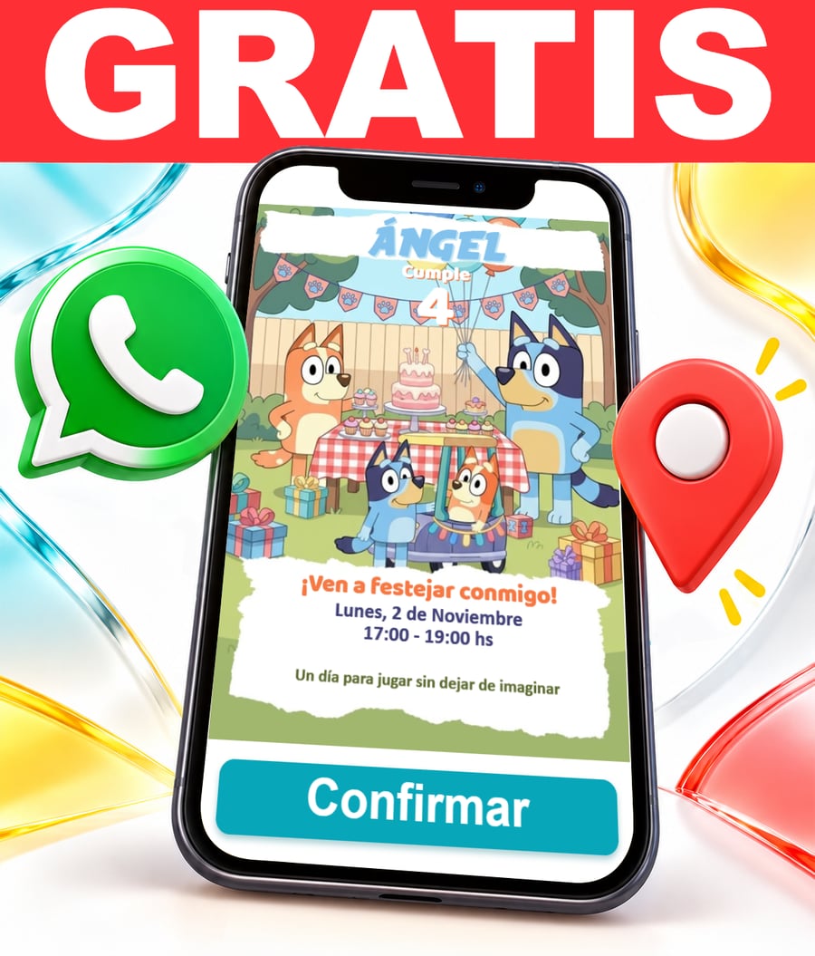 Invitación interactiva de Fiesta Bluey y Bingo Gratis