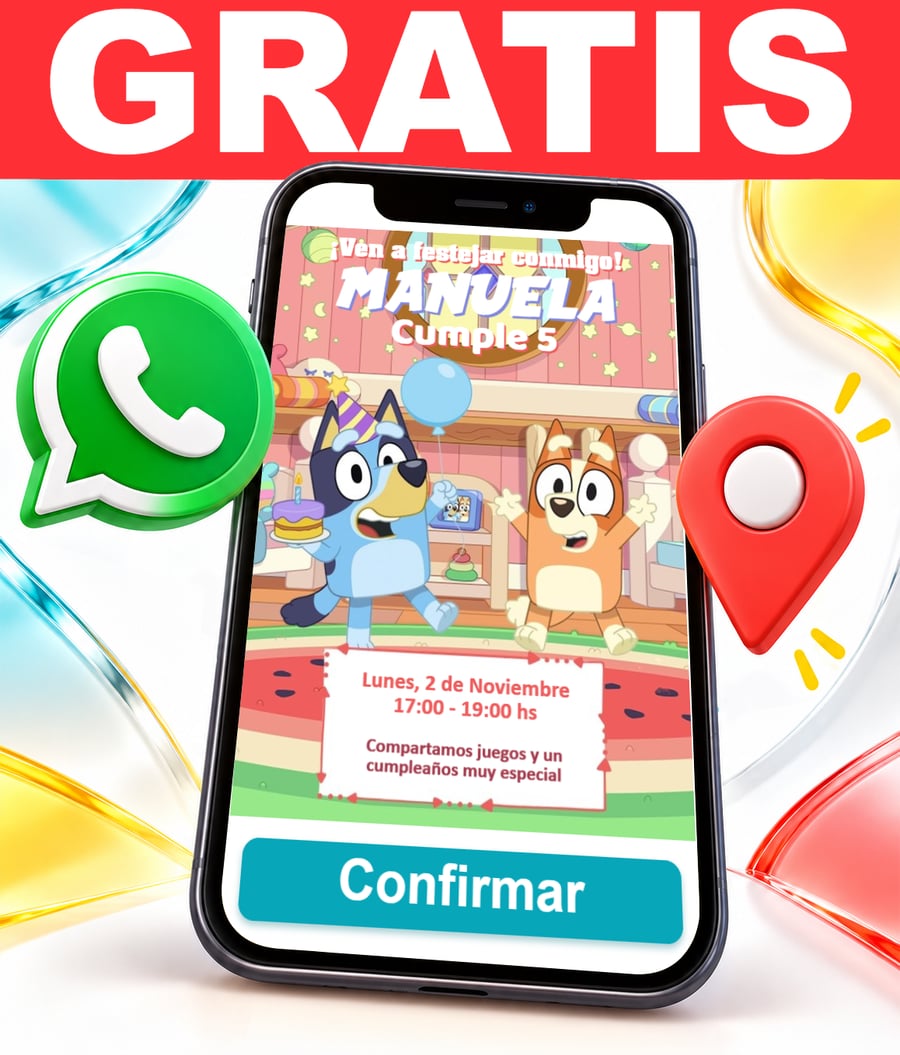 Invitación interactiva de Bluey y Bingo de Fiesta Gratis