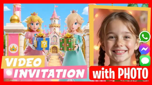 Princess Peach and Rosalina Talking Video Invitation inviting you to your birthday