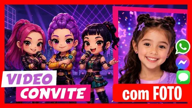 Convite de Aniversário Demon Hunters K-pop Chibi convidam para seu aniversário (Apenas em inglês)