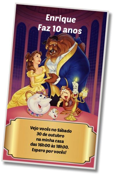 Convite de aniversário personalizado grátis Modelo A Bela e a Fera