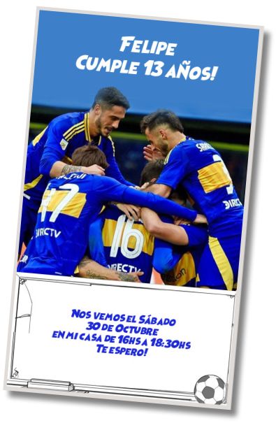 Invitación de cumpleaños personalizada gratis Tarjeta Fútbol Boca Juniors