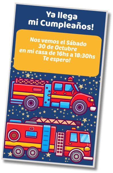 Invitación de cumpleaños personalizada gratis Camiones de Bomberos