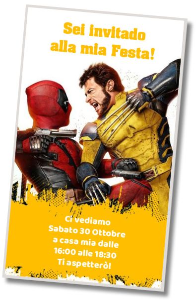 Invito di compleanno personalizzato gratis Biglietto d'auguri per Deadpool e Wolverine