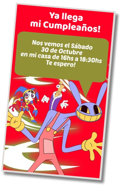 Invitación de cumpleaños personalizada gratis Digital Circus Fiesta de Videojuegos