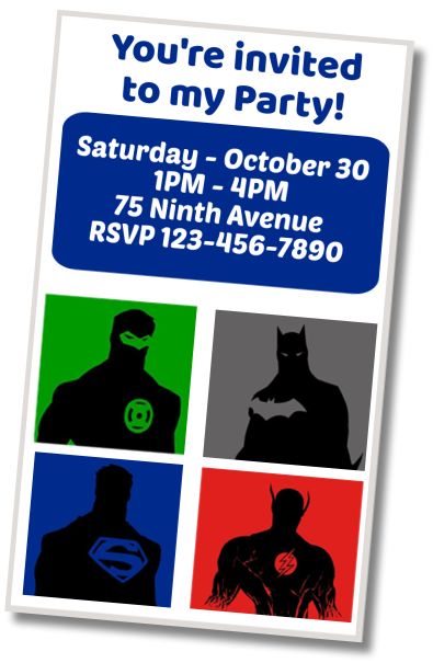 Free personalized birthday invitation Justice League Costume Party