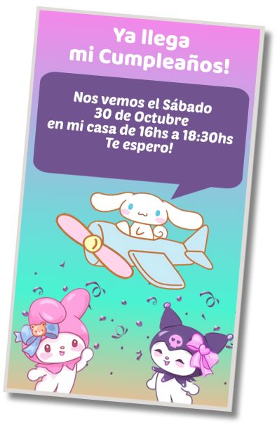 Invitación de cumpleaños personalizada gratis Saludo de Cumpleaños Kuromi My Melody Cinnamorol