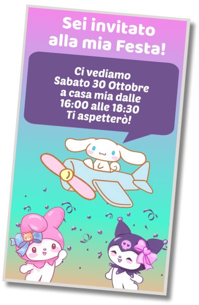 Invito di compleanno personalizzato gratis Auguri di Compleanno Kuromi My Melody Cinnamorol