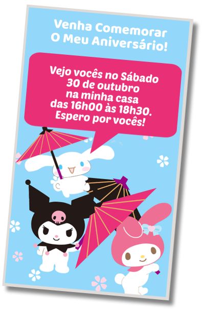 Convite de aniversário personalizado grátis Surpresa de Aniversário My Melody Cinnamoroll Kuromi
