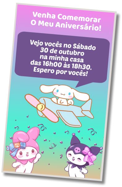 Convite de aniversário personalizado grátis Saudação de Aniversário Kuromi My Melody Cinnamorol