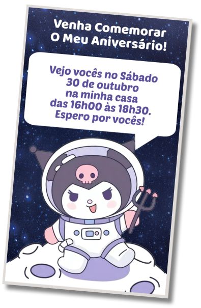 Convite de aniversário personalizado grátis Festa à Fantasia Kuromi