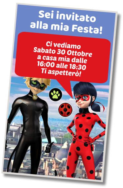 Invito Compleanno Compleanno a Tema Ladybug y Chat Noir