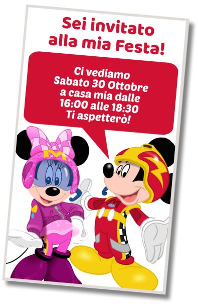 Invito di compleanno personalizzato gratis Le avventure di Topolino su ruote