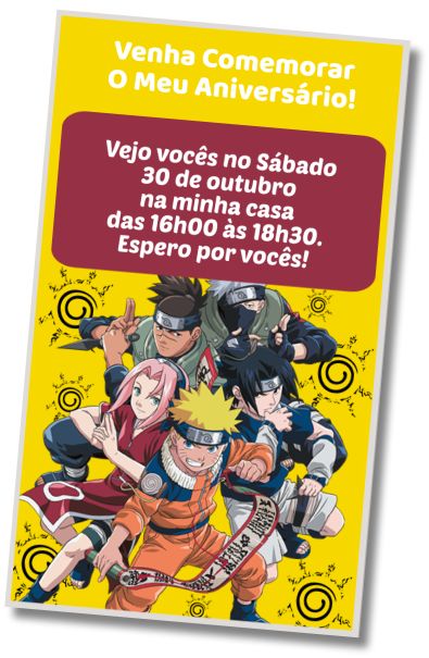 Convite de aniversário personalizado gratuito Aniversário Naruto Estilo Mangá