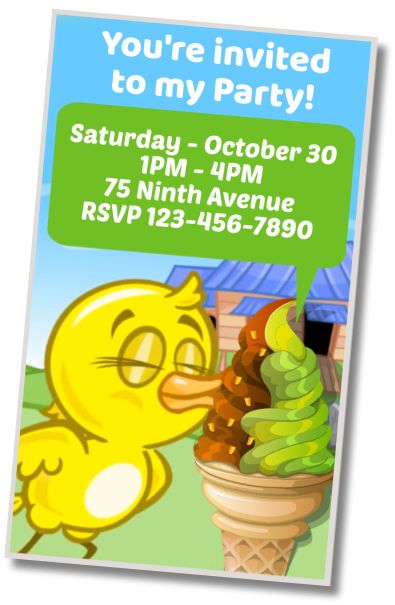 Free personalized birthday invitation Yellow Chicken Ice Cream Party