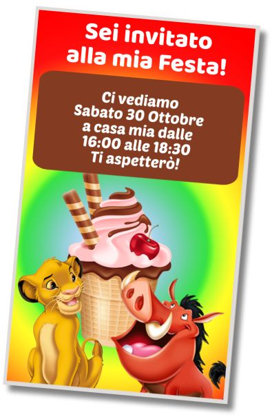 Invito di compleanno personalizzato gratis La Festa del Gelato del Re Leone