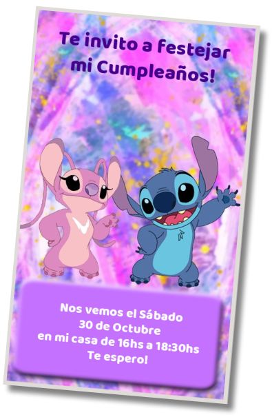 Invitación de cumpleaños personalizada gratis Plantilla Angel y Stitch