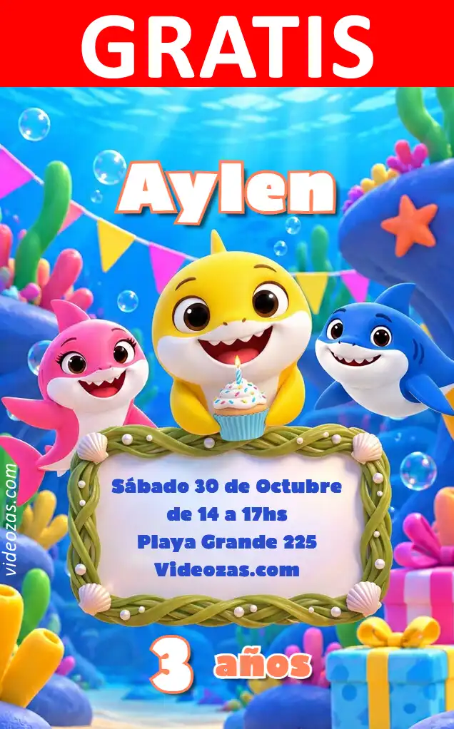Convite Baby Shark GRÁTIS | Editável e Personalizável | Fácil e Rápido | Faça Online Agora!