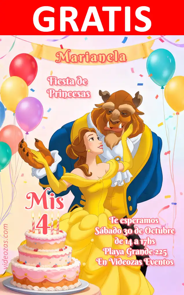 Invitación La Bella y La Bestia GRATIS | Editable y Personalizable | Fácil y Rápido | Hacer Online Ahora!