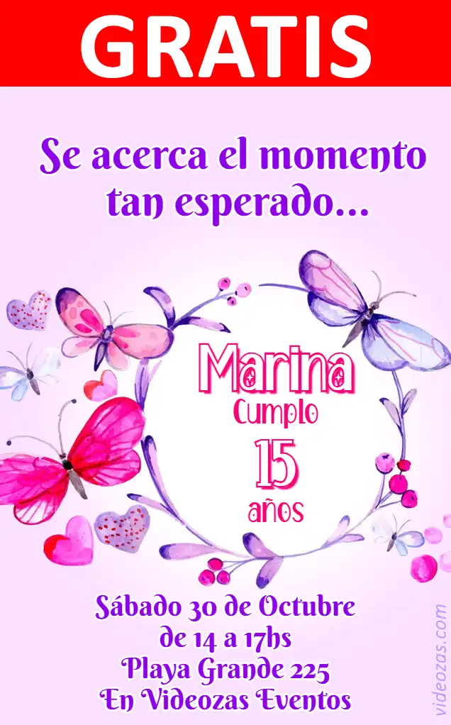 Convite de aniversário personalizado grátis mariposas 01