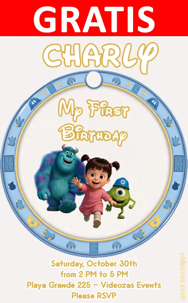 Convite Monsters Inc GRÁTIS | Editável e Personalizável | Fácil e Rápido | Faça Online Agora!