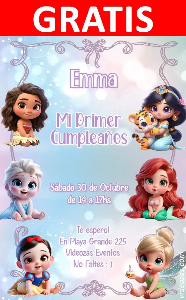 Convite Princesas Baby GRÁTIS | Editável e Personalizável | Fácil e Rápido | Faça Online Agora!