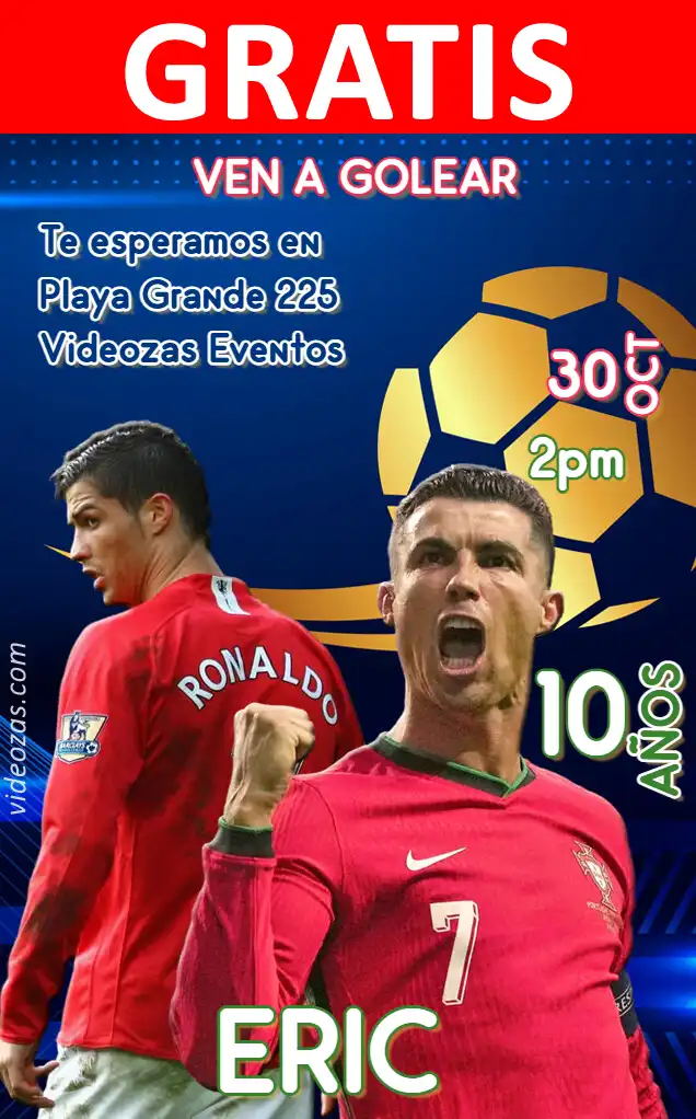 Convite Cristiano Ronaldo GRÁTIS | Editável e Personalizável | Fácil e Rápido | Faça Online Agora!