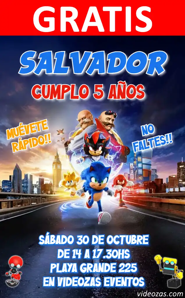Convite Sonic GRÁTIS | Editável e Personalizável | Fácil e Rápido | Faça Online Agora!