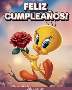 Saludo Cumpleaños Piolín Tweety con Rosa